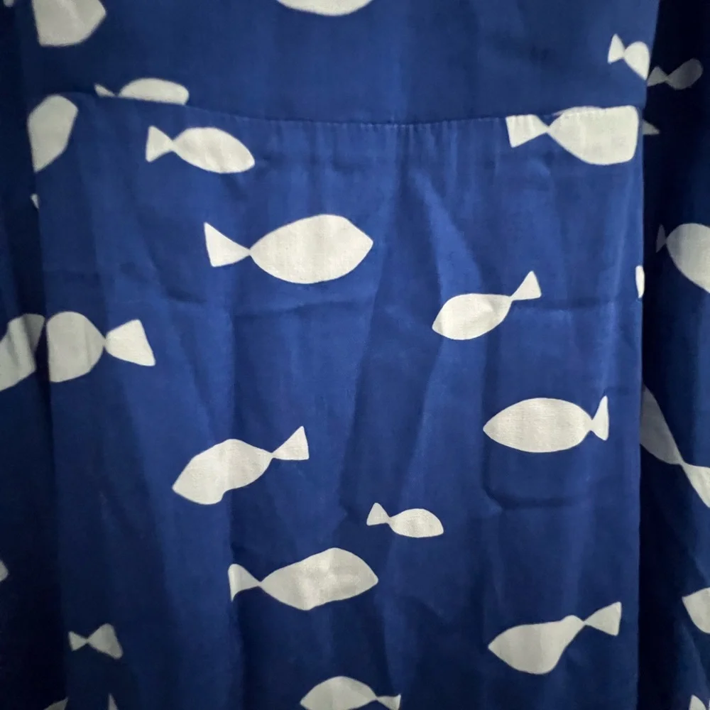 Kate Spade New York Blue Fish Print Midi Dress Ruffle Straps Size M